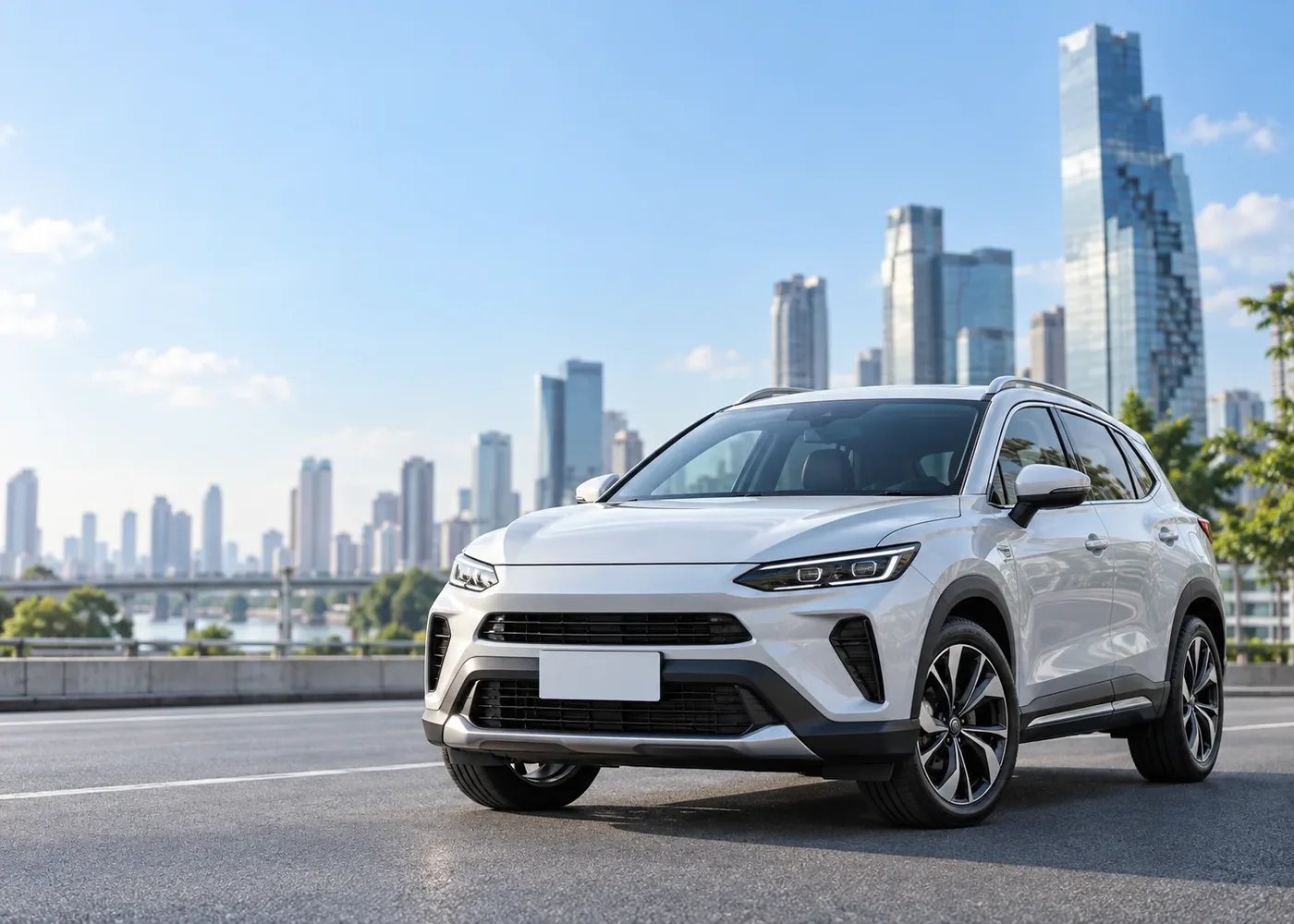 รถ SUV สีเงินจอดบนถนนโล่ง ท้องฟ้าสีฟ้าและตึกในเมืองอยู่ด้านหลัง
